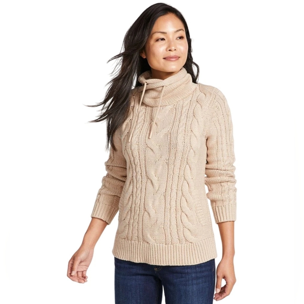 L.L. Bean Beige Mixed-Cable Funnel Neck Sweater Small Oatmeal Heather Double L